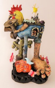 This was the original piece that was a catalyst for this body of work.  We had this rooster Aunt Mary that would cock-a-doodle doo every single morning ---sometimes as early as 4:30.  Needless to say this started to make me feel a bit nuts---then all day she would watch me through my studio window while I worked.  I couldn't help myself---roosters were coming out in everyone of my pieces no matter how much I attempted not to make a rooster---it just happened over and over and over.  I will never be the same. 